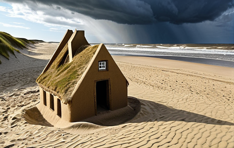 Ephemeral Beach Art in Sylt**
A wide, windswept beach on Sylt (German North Sea island), with a large, intricate sand sculpture of a Frisian house being partially washed away by the tide. The sky is dramatic with dark clouds and a hint of sunlight breaking through. Focus on the transient nature of the art and the power of the sea. Golden hour lighting. People are observing and photographing the ephemeral art. The feeling should evoke the beauty of impermanence and the power of nature in Northern Germany.
**