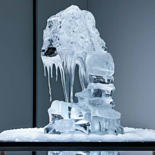 Home 18 **Melting Ice Sculpture:** Ephemeral ice sculpture slowly melting, transforming shape, metaphor for life's transience, displayed in modern art exhibition.
