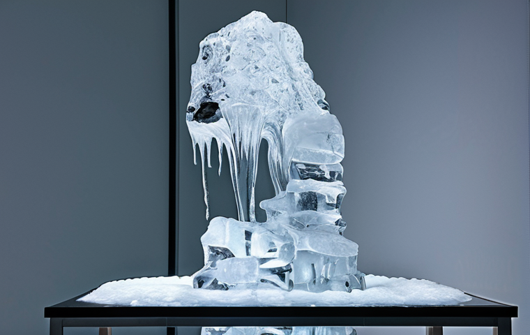 **Melting Ice Sculpture:** Ephemeral ice sculpture slowly melting, transforming shape, metaphor for life's transience, displayed in modern art exhibition.