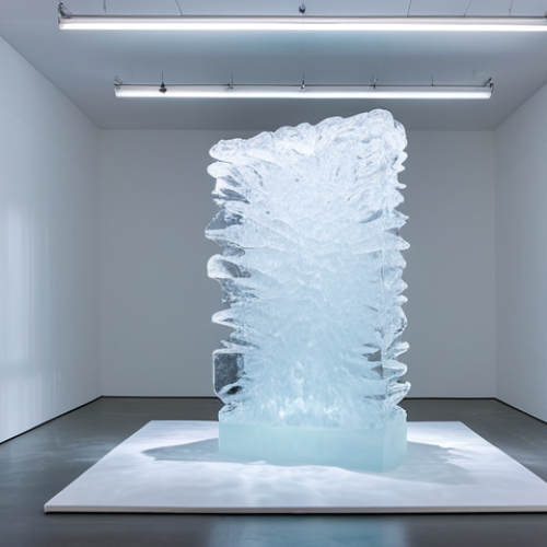 Home 8 A contemporary art installation in a minimalist modern art gallery in Berlin, showcasing a large, slowly melting ice sculpture. Dynamic, subtle light projections shift across its surface, creating evolving patterns and reflections. The scene emphasizes transformation and the ephemeral nature of art over time. High-resolution, professional studio photography, cinematic lighting, ultra-detailed, photorealistic, safe for work, appropriate content, fully clothed, professional, family-friendly.