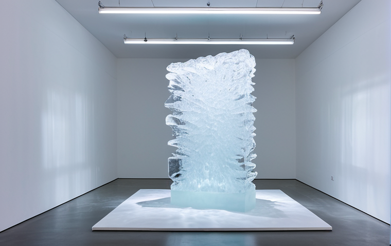 A contemporary art installation in a minimalist modern art gallery in Berlin, showcasing a large, slowly melting ice sculpture. Dynamic, subtle light projections shift across its surface, creating evolving patterns and reflections. The scene emphasizes transformation and the ephemeral nature of art over time. High-resolution, professional studio photography, cinematic lighting, ultra-detailed, photorealistic, safe for work, appropriate content, fully clothed, professional, family-friendly.