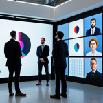 A diverse group of professional individuals, fully clothed in modest business attire, gathered in a spacious, well-lit digital art archive. They are attentively viewing various large digital screens and projections displaying abstract video art, a recorded dance performance, and a generative sound art visualization. The environment is clean and modern, emphasizing inclusivity and shared experience. Perfect anatomy, correct proportions, natural poses, well-formed hands, proper finger count, natural body proportions. Safe for work, appropriate content, fully clothed, professional.