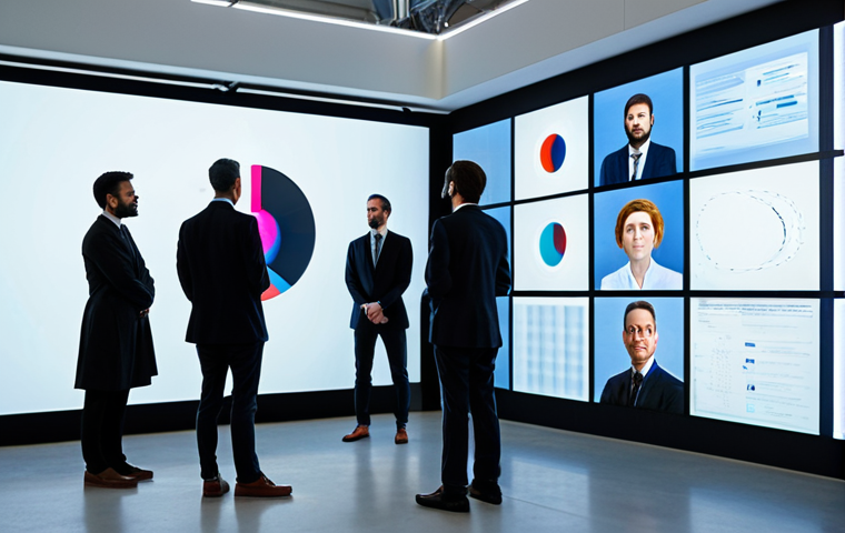 A diverse group of professional individuals, fully clothed in modest business attire, gathered in a spacious, well-lit digital art archive. They are attentively viewing various large digital screens and projections displaying abstract video art, a recorded dance performance, and a generative sound art visualization. The environment is clean and modern, emphasizing inclusivity and shared experience. Perfect anatomy, correct proportions, natural poses, well-formed hands, proper finger count, natural body proportions. Safe for work, appropriate content, fully clothed, professional.