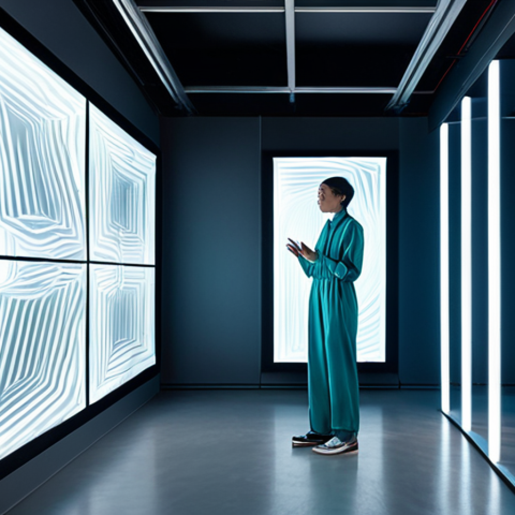 A professional digital artist, fully clothed in a modest, modern jumpsuit, standing within a luminous, futuristic art studio. The artist is interacting with a large, translucent holographic display that projects complex, evolving generative art patterns, featuring fluid lines and glowing geometric shapes. The studio has sleek, minimalist furniture and subtle light accents. The scene evokes a sense of innovation and collaboration between human creativity and artificial intelligence. Safe for work, appropriate content, fully clothed, perfect anatomy, correct proportions, natural pose, well-formed hands, proper finger count, natural body proportions, professional photography, high quality, family-friendly.