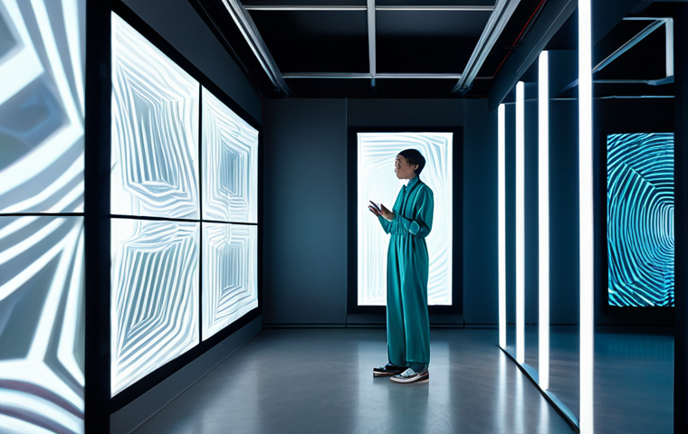 A professional digital artist, fully clothed in a modest, modern jumpsuit, standing within a luminous, futuristic art studio. The artist is interacting with a large, translucent holographic display that projects complex, evolving generative art patterns, featuring fluid lines and glowing geometric shapes. The studio has sleek, minimalist furniture and subtle light accents. The scene evokes a sense of innovation and collaboration between human creativity and artificial intelligence. Safe for work, appropriate content, fully clothed, perfect anatomy, correct proportions, natural pose, well-formed hands, proper finger count, natural body proportions, professional photography, high quality, family-friendly.
