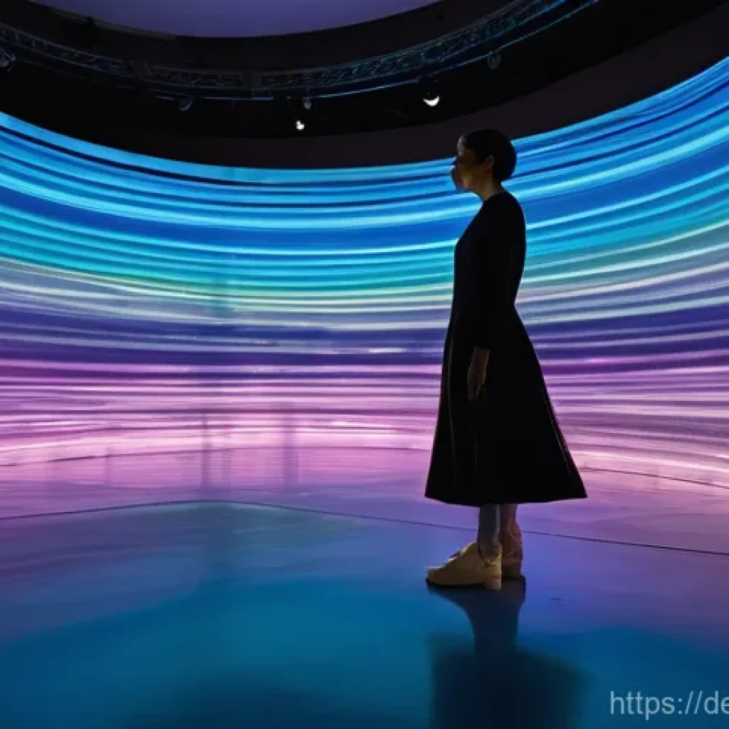 시간 기반 예술의 미래 기술 전망 - **Immersive Light and Sound Interaction:** A solitary figure, an adult wearing modest, contemporary ...