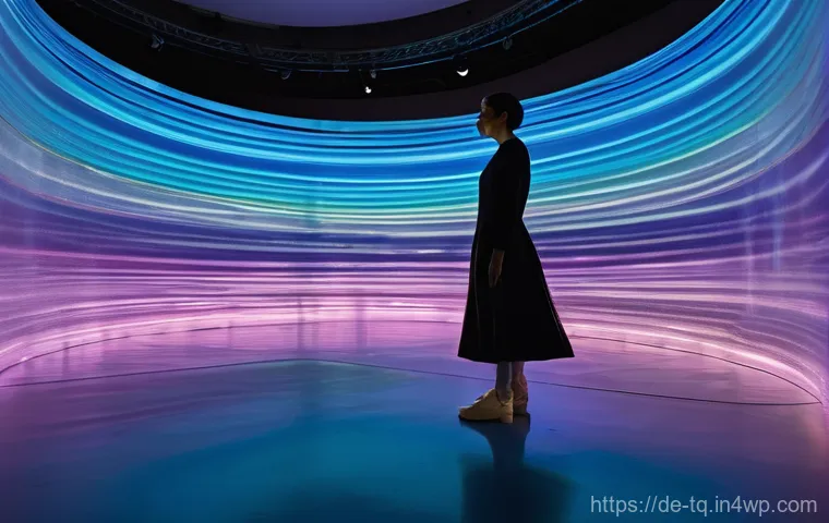 시간 기반 예술의 미래 기술 전망 - **Immersive Light and Sound Interaction:** A solitary figure, an adult wearing modest, contemporary ...
