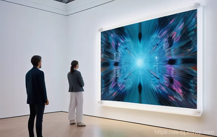 시간 기반 예술의 미래 기술 전망 - **Immersive Light and Sound Interaction:** A solitary figure, an adult wearing modest, contemporary ...