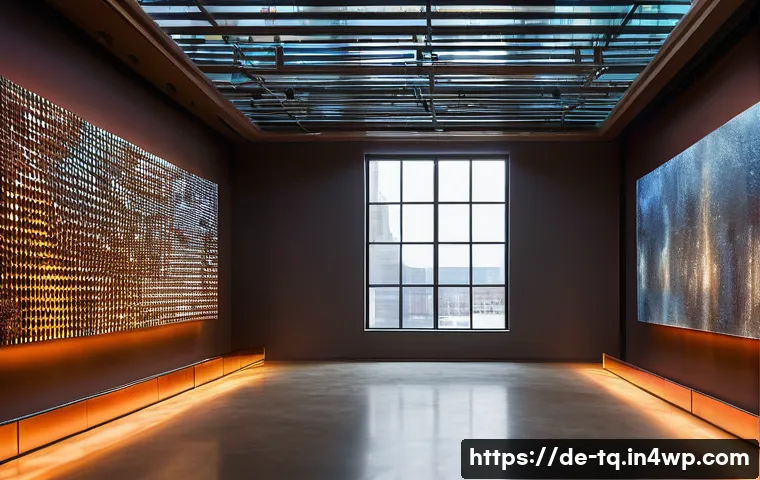 시간 기반 예술의 다원적 접근 - A contemporary art installation featuring dynamic light sculptures that change colors and intensity ...