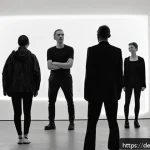 Home 22 시간 기반 예술의 실험적 접근 - A dynamic performance art scene set in a modern Berlin gallery, featuring a diverse group of adult p...