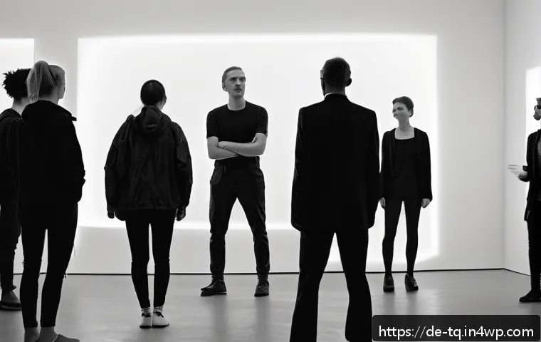 시간 기반 예술의 실험적 접근 - A dynamic performance art scene set in a modern Berlin gallery, featuring a diverse group of adult p...