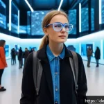 Home 21 시간 기반 예술과 관객의 상호작용 - A futuristic art gallery scene in Berlin featuring a female artist wearing stylish casual clothes an...