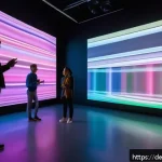 Home 19 시간 기반 예술의 비주얼 스토리텔링 - A digital art installation in a modern museum setting, featuring a diverse group of visitors interac...