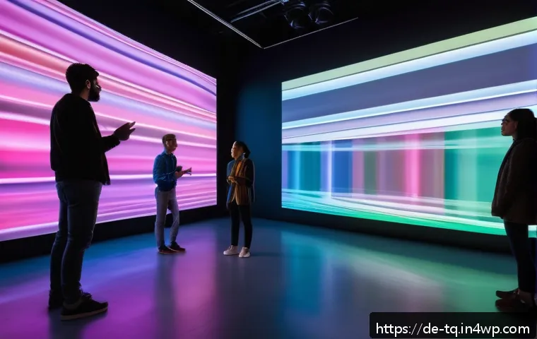 시간 기반 예술의 비주얼 스토리텔링 - A digital art installation in a modern museum setting, featuring a diverse group of visitors interac...