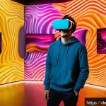 Home 18 시간 기반 예술의 투자 가치 - A modern art gallery interior showcasing an immersive VR art installation, featuring a young adult w...