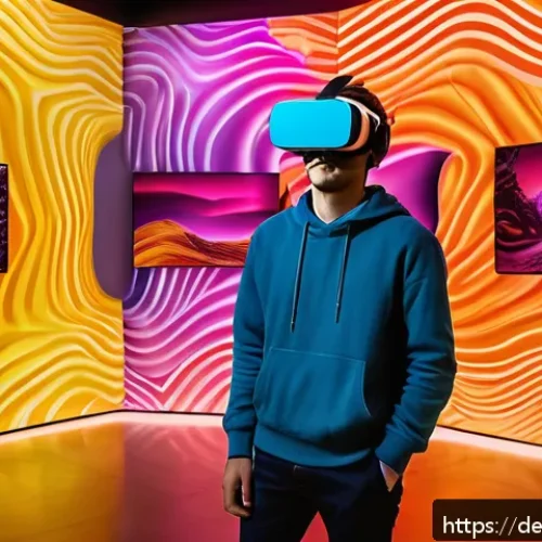 Home 30 시간 기반 예술의 투자 가치 - A modern art gallery interior showcasing an immersive VR art installation, featuring a young adult w...