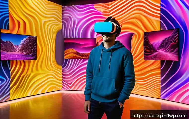 시간 기반 예술의 투자 가치 - A modern art gallery interior showcasing an immersive VR art installation, featuring a young adult w...