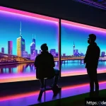 Home 23 시간 기반 예술의 새로운 플랫폼 - A futuristic digital art gallery hosting a live interactive performance streamed on a sleek web plat...