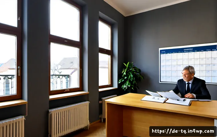 Home 17 시간 기반 예술의 법적 문제 - Photorealistic scene in a modern German intellectual property law office, a middle-aged lawyer and c...