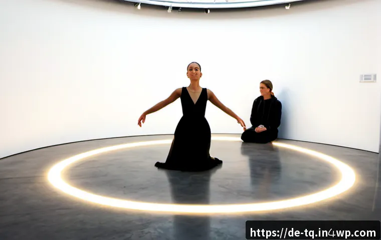 시간 기반 예술의 현대적 사례 - Photorealistic contemporary performance art in a minimalist Berlin gallery, a dancer captured in gra...